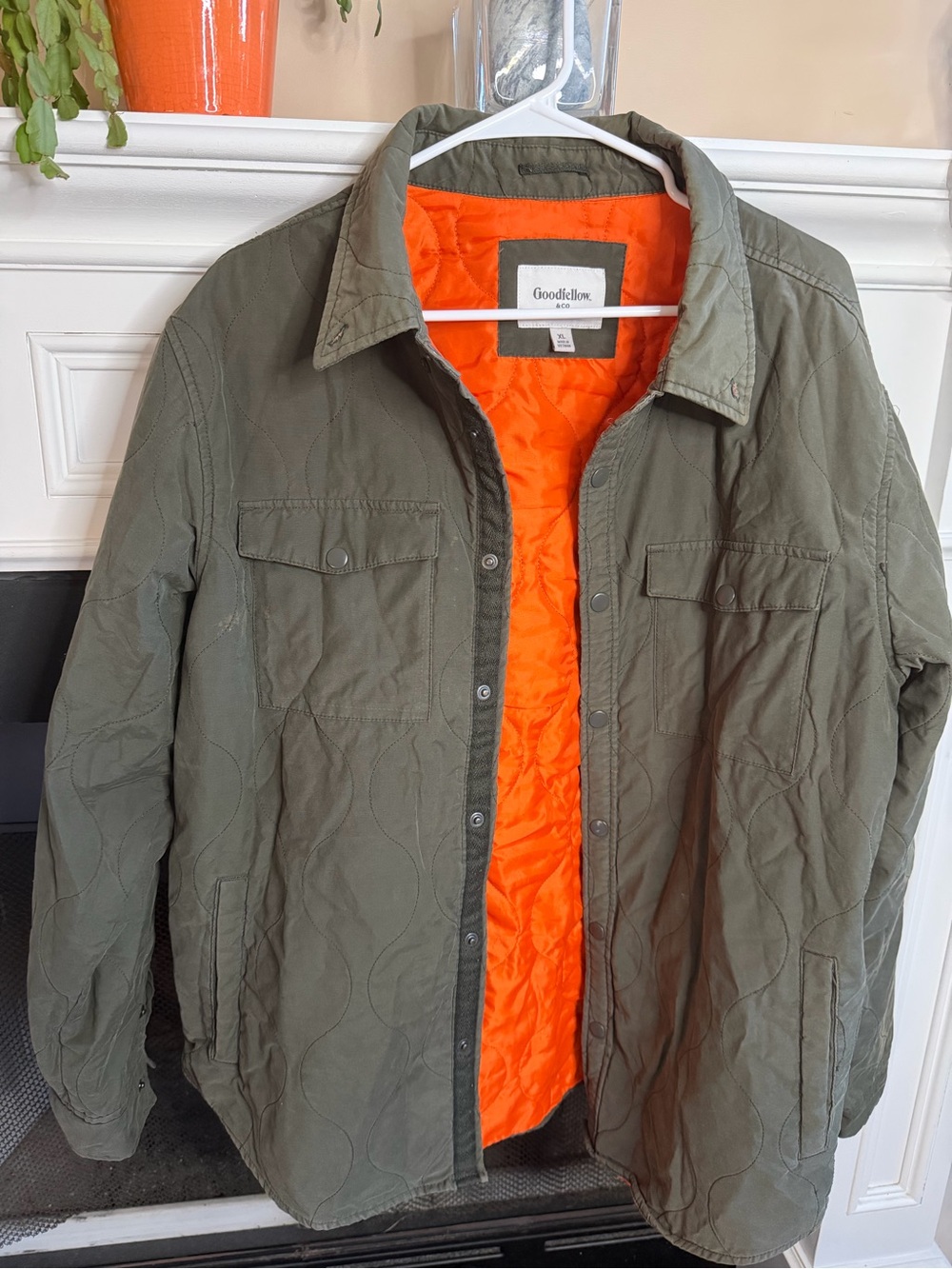 Goodfellow & Co Olive Quilted Shirt Jacket with Bright Orange Lining